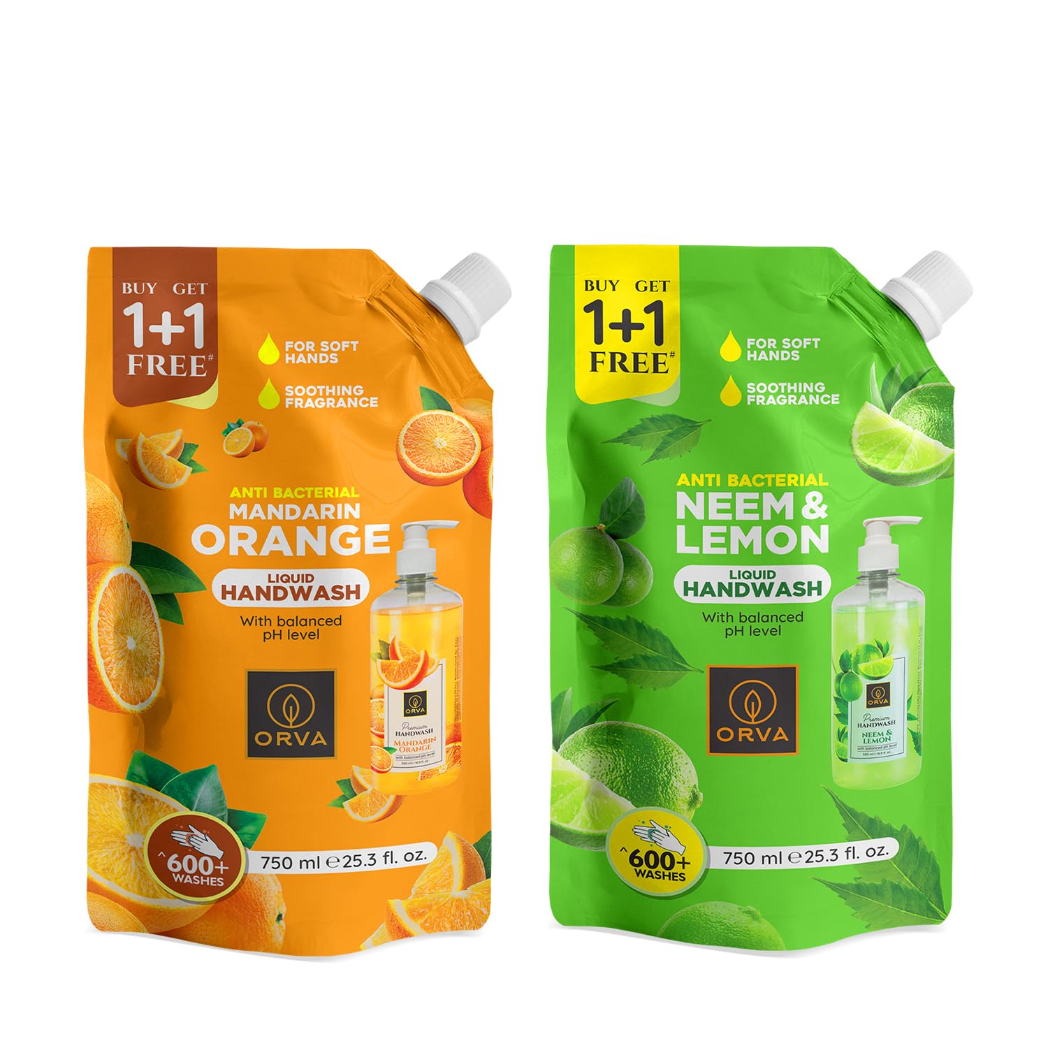 Orva refill pouch Hand Wash 750 Ml Germ Fighter Protection &Soft Liquid Handwash, Protects from 99.9% Germs, 90% Natural Origin – Pack of 2 (Neem & Lemon and Mandarin Orange)