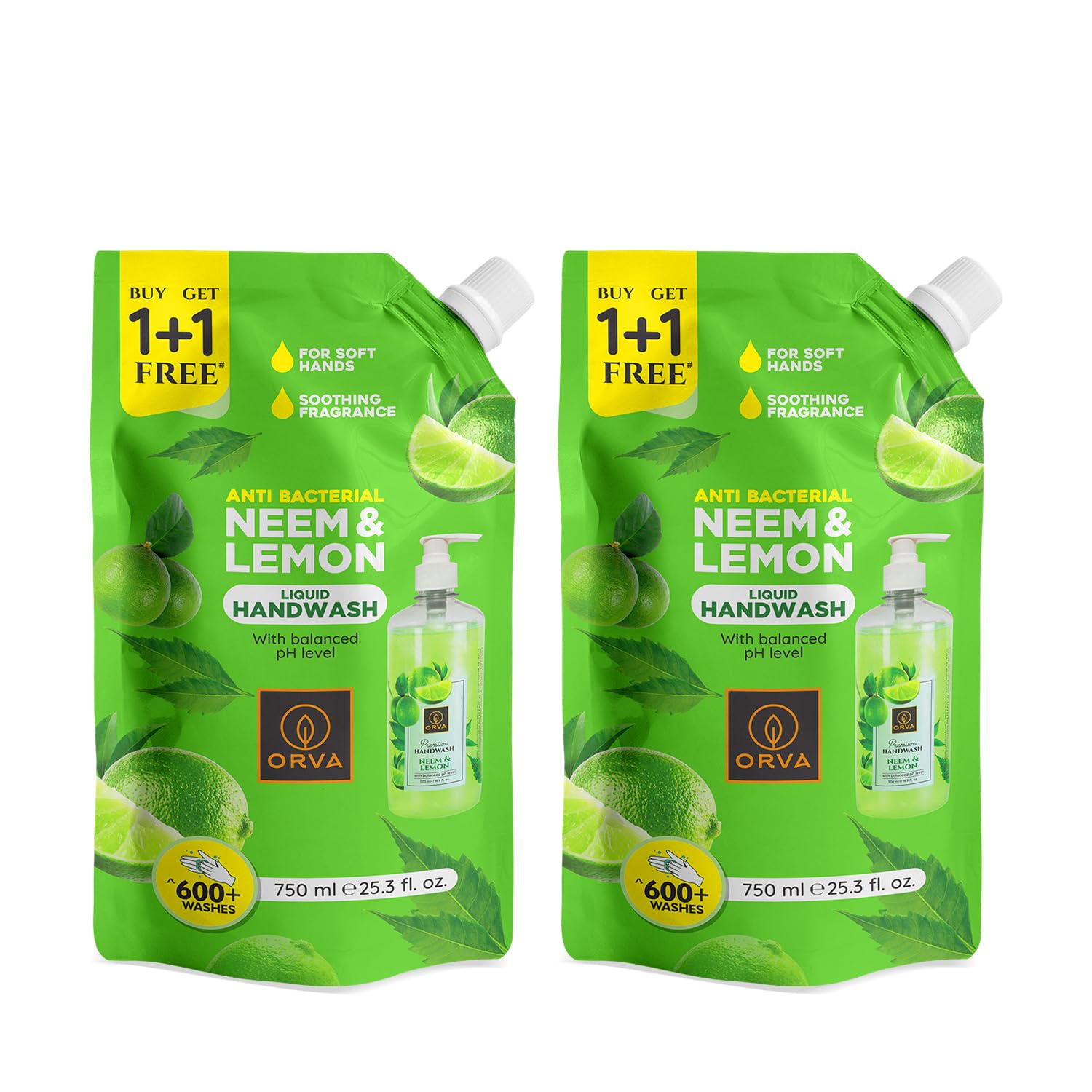 Orva refill pouch Hand Wash 750 Ml Germ Fighter Protection &Soft Liquid Handwash, Protects from 99.9% Germs, 90% Natural Origin – Pack of 2 (Neem & Lemon)