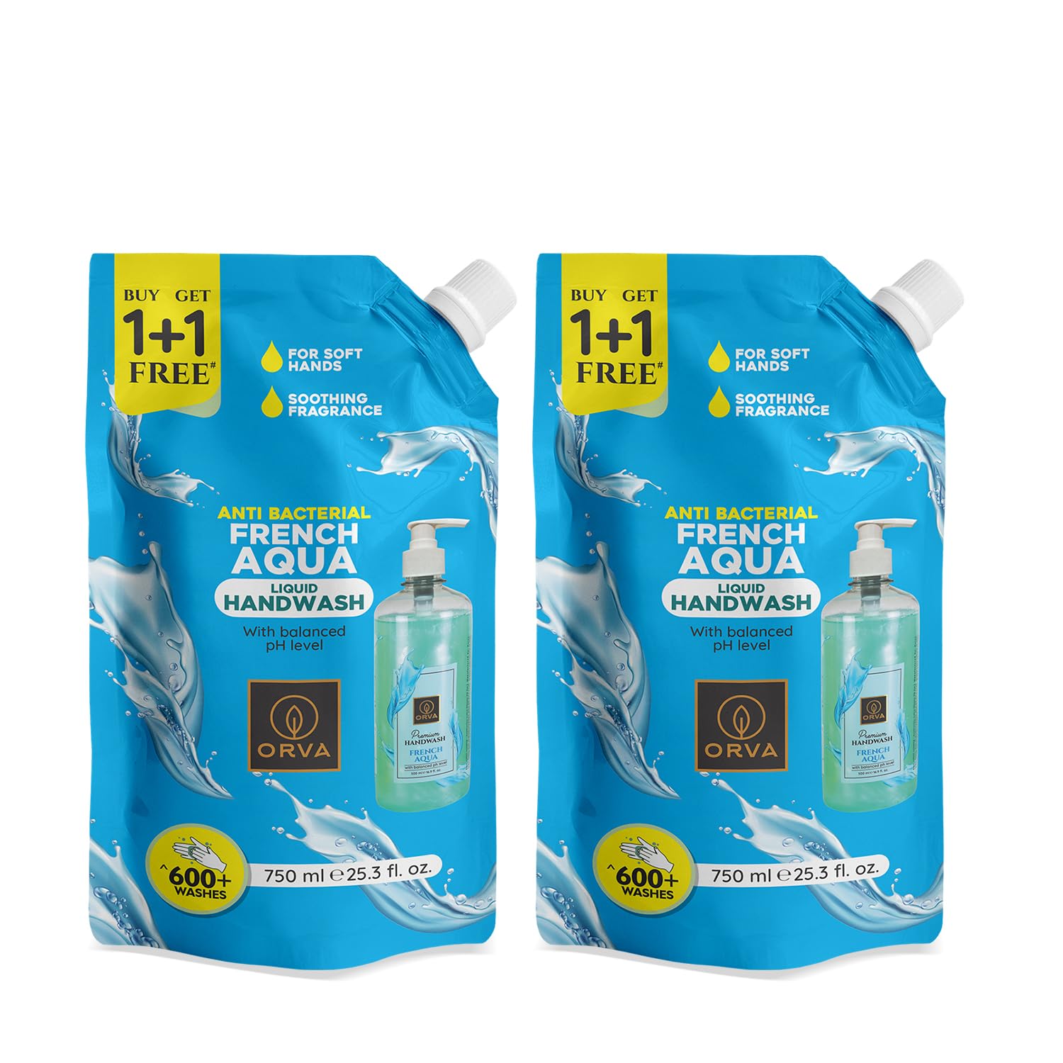 Orva refill pouch Hand Wash 750 Ml Germ Fighter Protection &Soft Liquid Handwash, Protects from 99.9% Germs, 90% Natural Origin – Pack of 2 (French Aqua)