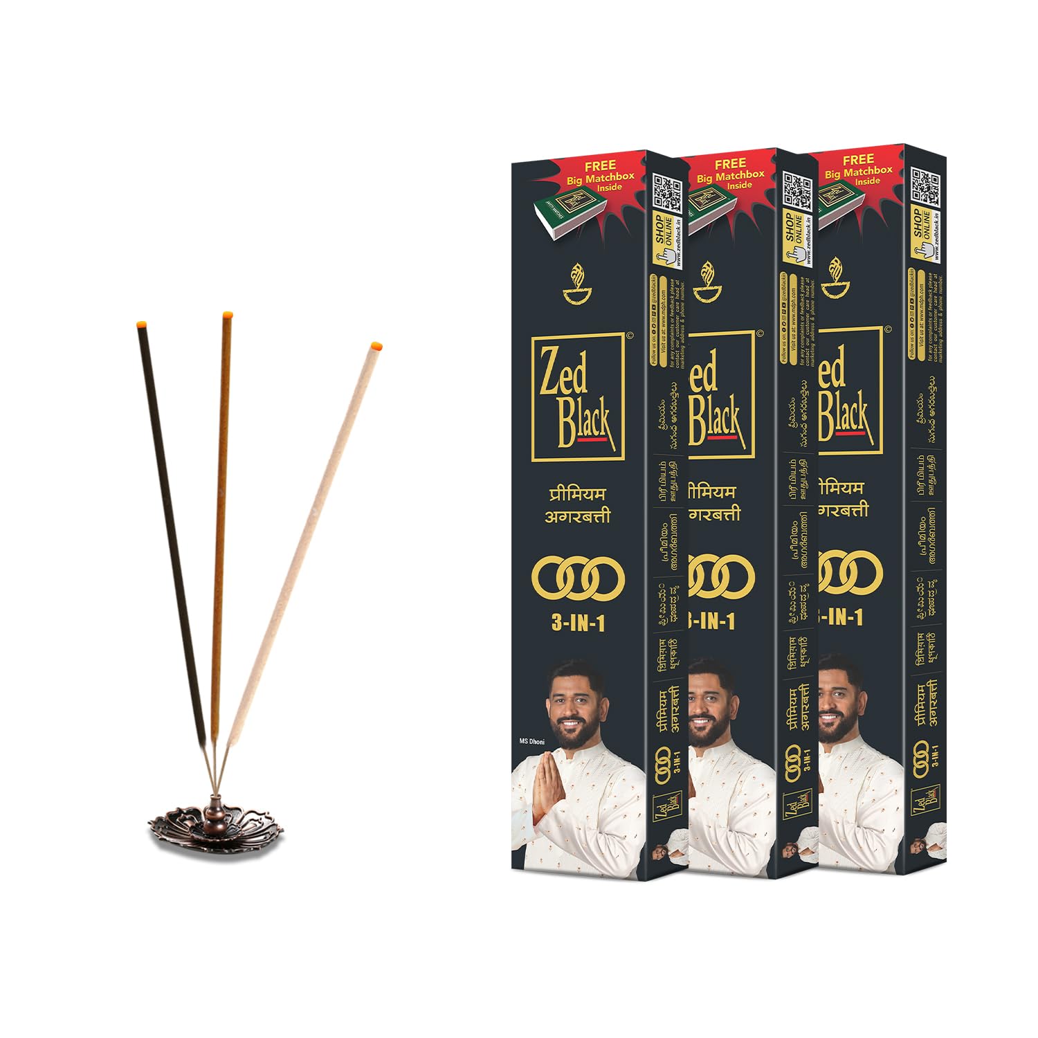 Zed Black Incense Sticks 3-in-1 Pack of 3 Agarbatti Stick Natural Fragrance for Puja, Meditation, Refreshing Ambience - Free Grand Matchbox Inside