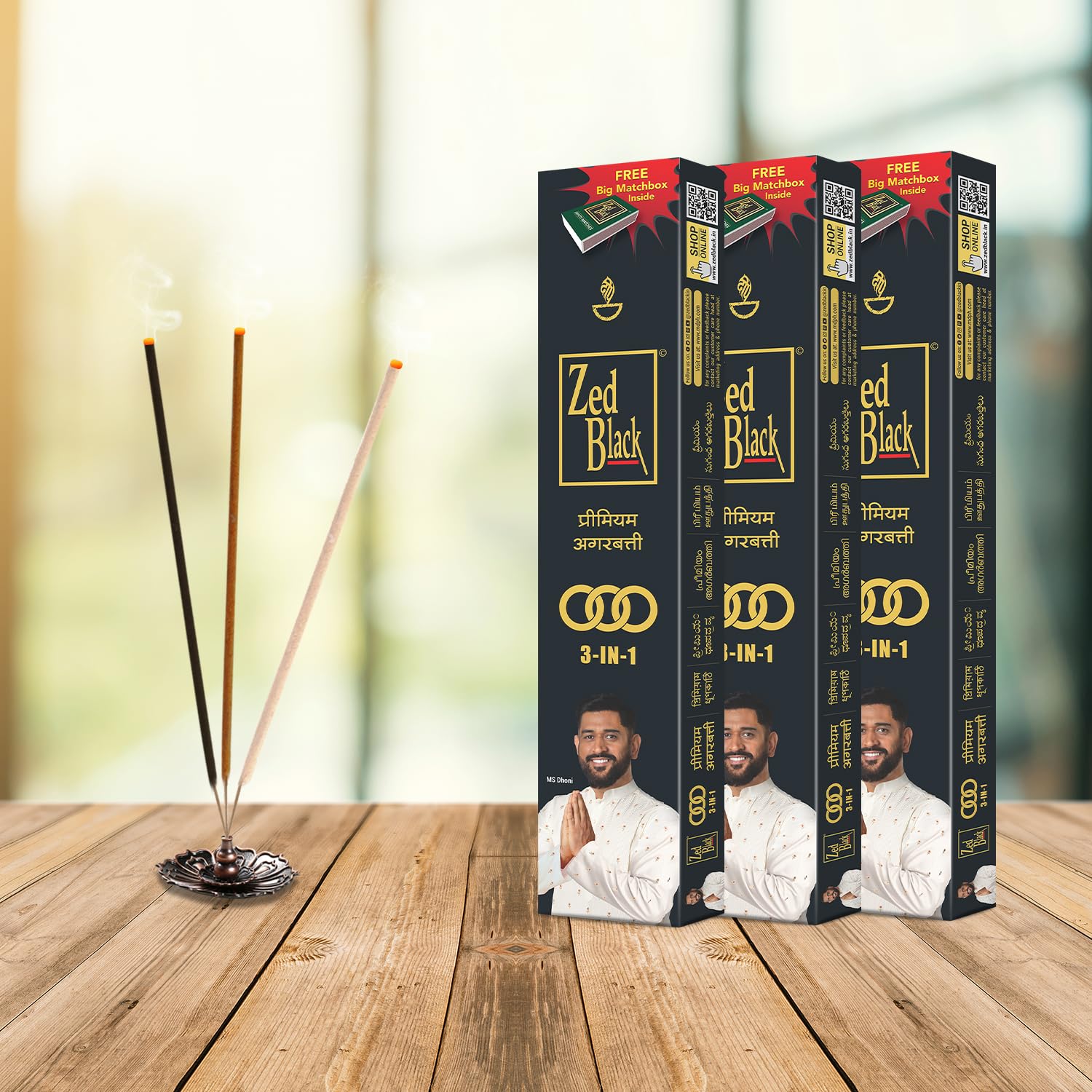 Zed Black Incense Sticks 3-in-1 Pack of 3 Agarbatti Stick Natural Fragrance for Puja, Meditation, Refreshing Ambience - Free Grand Matchbox Inside