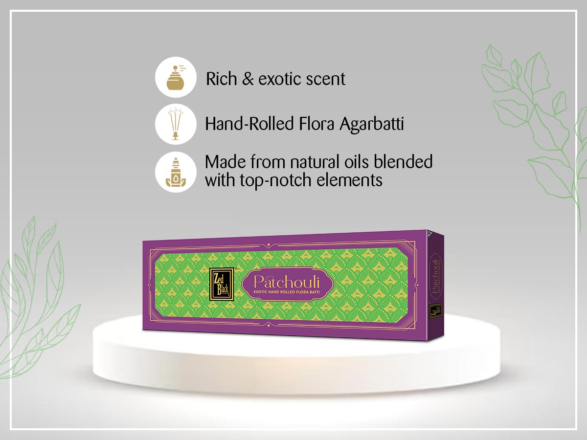 Zed Black Patchouli Hand-Rolled Flora Batti - Pack of 2 Agarbatti / Incense Batti, Long-Lasting Incense Sticks for Special Puja Experience, Festivals, Occasions, Ideal for Gifting GoodVibes Pack ( Approx 57 Agarbatti Sticks | Handrolled (381 GM)