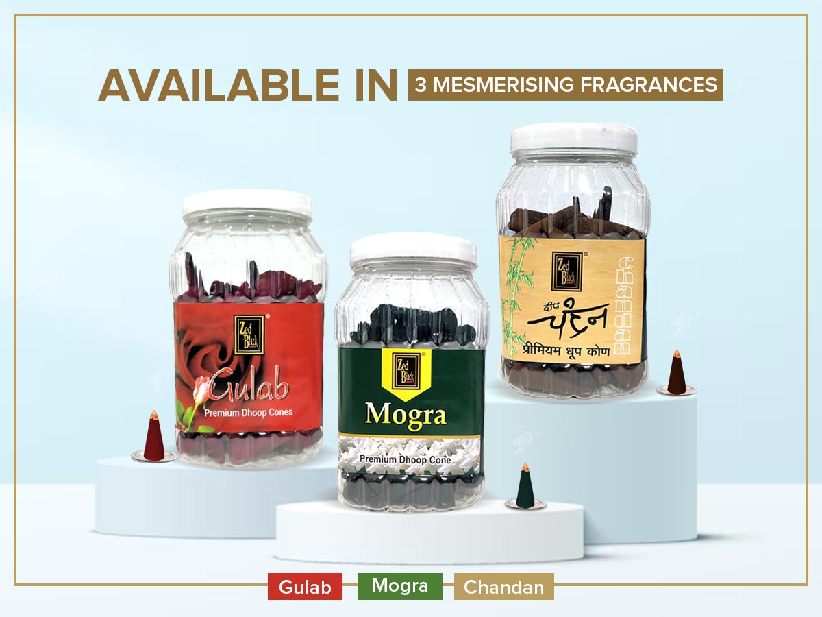 Zed Black Dhoop Big Cones in Jar Packing Incense Dhoop Cones – 3 Fragrances (- Mogra, Chandan & Gulab) | Combo Assorted Dhoop, 3x80 Cones