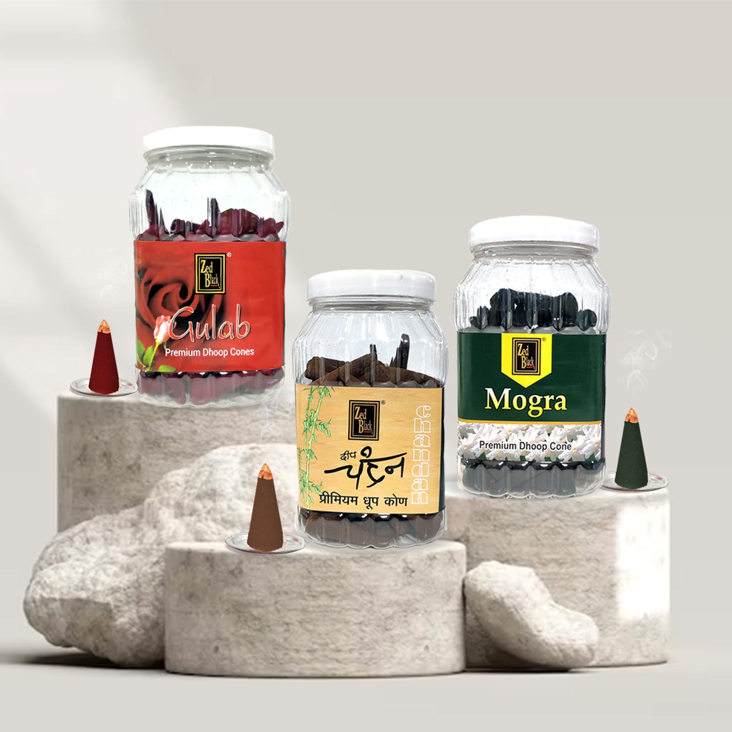 Zed Black Dhoop Big Cones in Jar Packing Incense Dhoop Cones – 3 Fragrances (- Mogra, Chandan & Gulab) | Combo Assorted Dhoop, 3x80 Cones