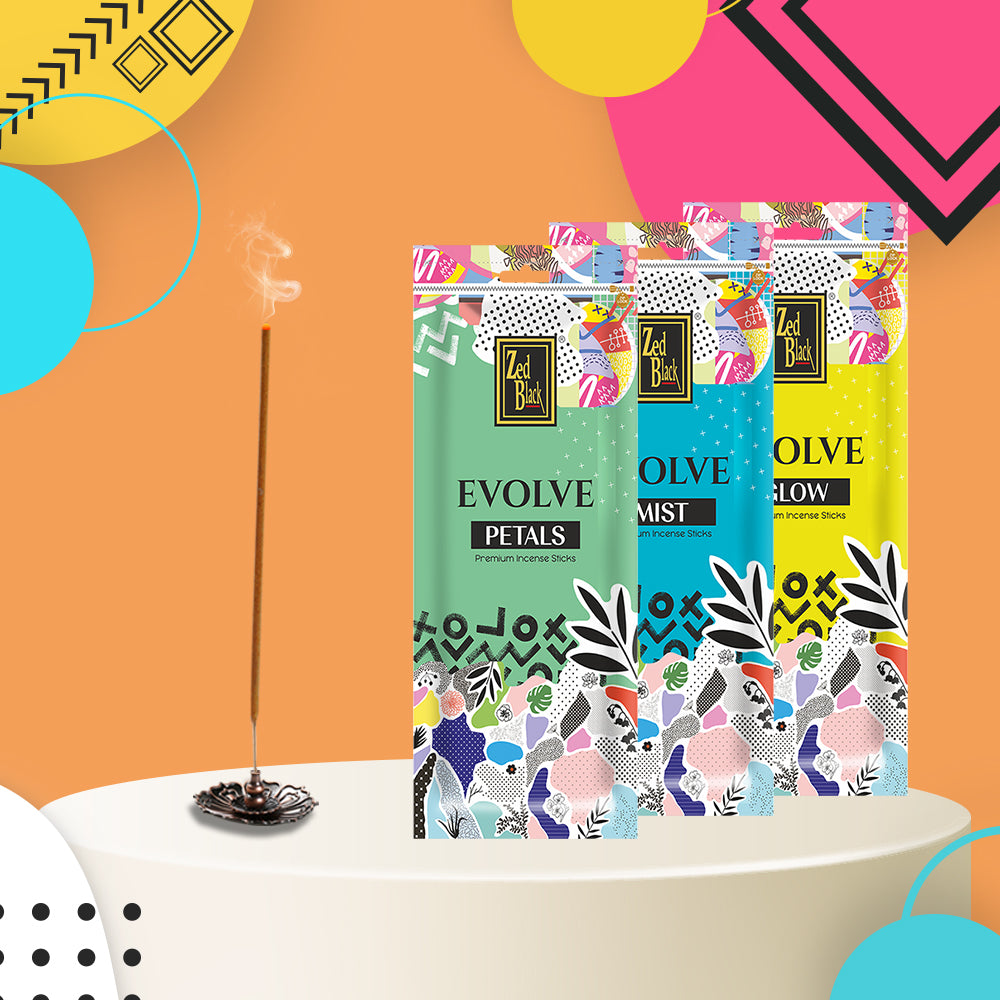 Zed Black Evolve Bloom-Glow-Mist Incense Sticks Pack of 3 Agarbatti Stick Natural Fragrance for Puja, Meditation, Refreshing Ambience