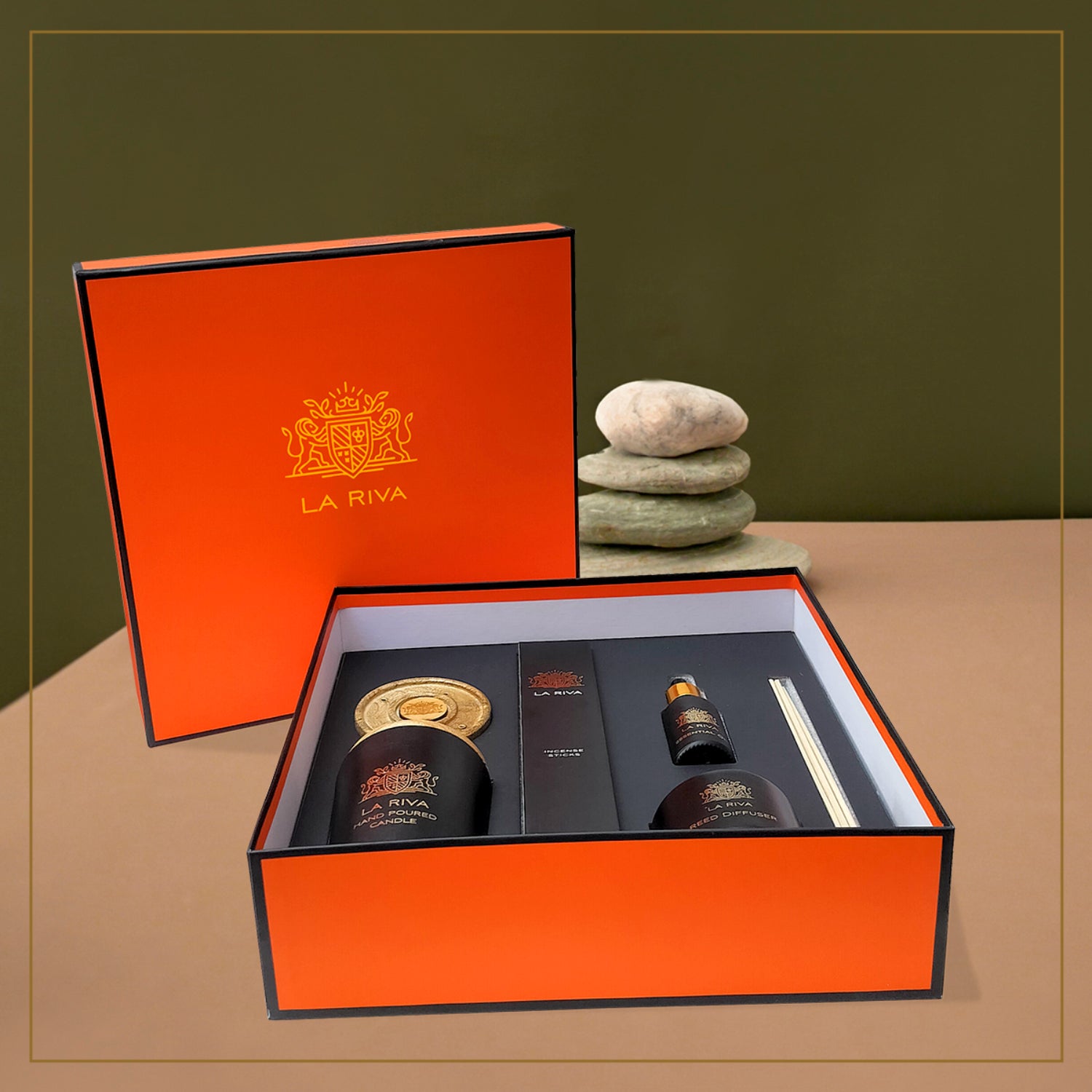 La Riva Aroma Gift Box | Reed Diffuser, Candle, Essential Oil, Incense Sticks | Ideal for Gifting and Special Occasions | Gift Set Includes 5 Items