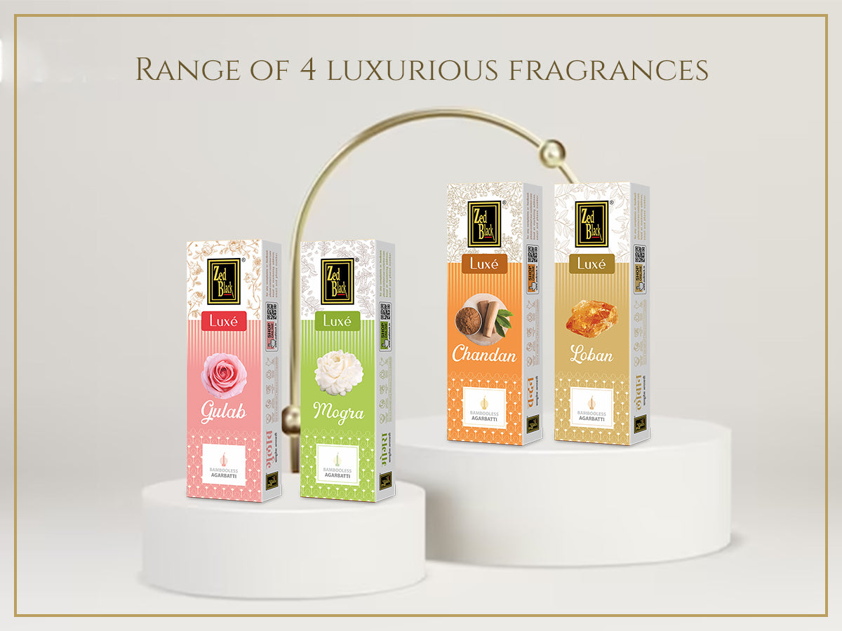 Zed Black Bamboo Less Agarbatti / Incense Sticks – Luxe Series - Pack of 4 Incense Sticks, Good Vibes Pack (Approx 70 Sticks | 4 Fragrances - Chandan, Gulab, Loban and Mogra) (377 GM)