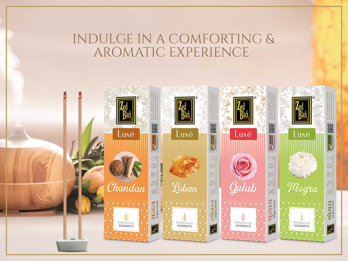 Zed Black Bamboo Less Agarbatti / Incense Sticks – Luxe Series - Pack of 4 Incense Sticks, Good Vibes Pack (Approx 70 Sticks | 4 Fragrances - Chandan, Gulab, Loban and Mogra) (377 GM)