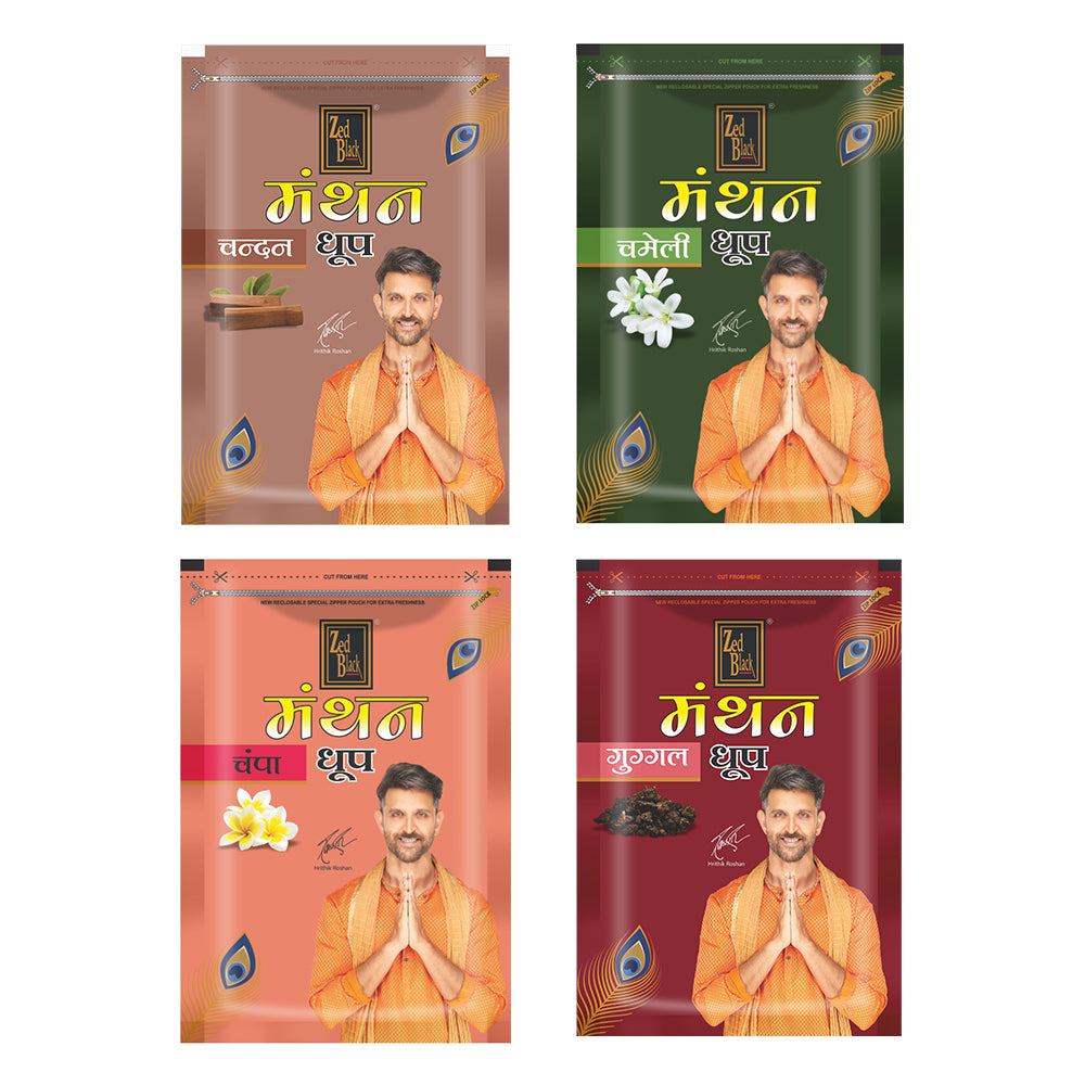 Zed Black Manthan Dhoop Big Cones in Family Zipper Packing Incense Dhoop Cones 4 Fragrance - Dhoop Chandan Chameli Champa,Guggal | Combo Assorted Dhoop - Pack of 4