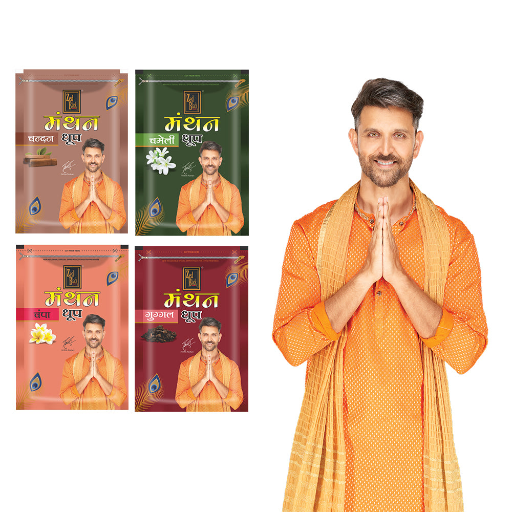 Zed Black Manthan Dhoop Big Cones in Family Zipper Packing Incense Dhoop Cones 4 Fragrance - Dhoop Chandan Chameli Champa,Guggal | Combo Assorted Dhoop - Pack of 4