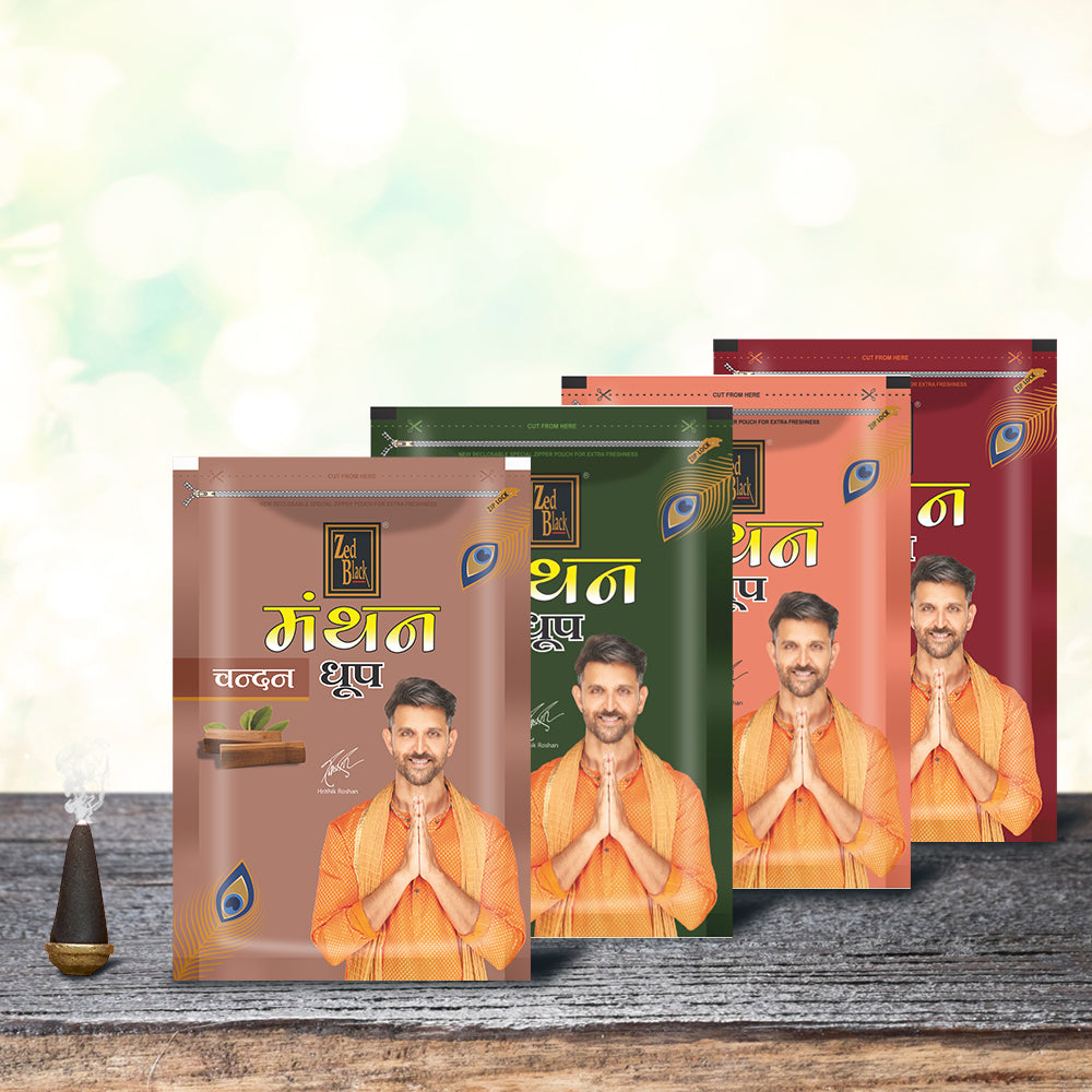 Zed Black Manthan Dhoop Big Cones in Family Zipper Packing Incense Dhoop Cones 4 Fragrance - Dhoop Chandan Chameli Champa,Guggal | Combo Assorted Dhoop - Pack of 4