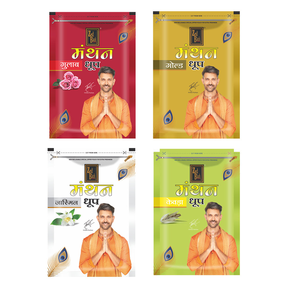 Zed Black Manthan Dhoop Big Cones in Family Zipper Packing Incense Dhoop Cones 4 Fragrance - Dhoop Gulab,Gold, Jasmine,Kevada | Combo Assorted Dhoop - Pack of 4
