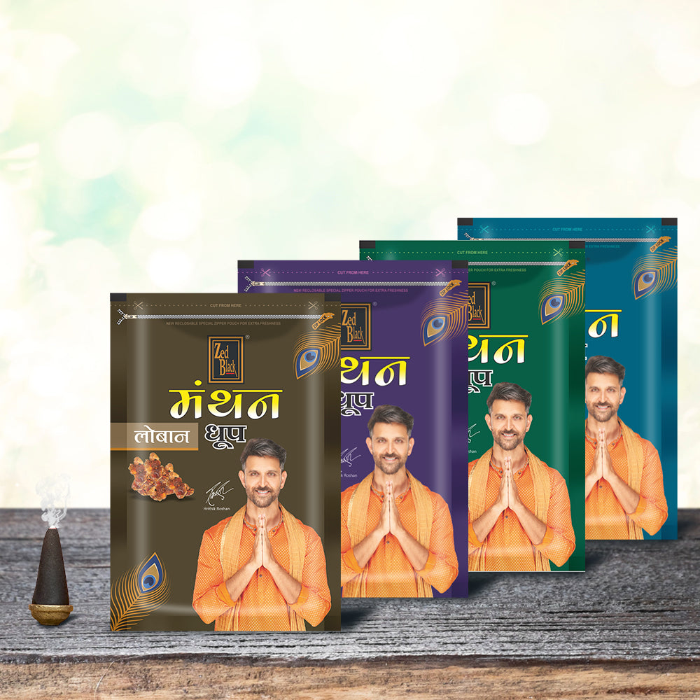 Zed Black Manthan Dhoop Big Cones in Family Zipper Packing Incense Dhoop Cones 4 Fragrance - Dhoop Loban,Lavender ,Mogra,Rajnigandha | Combo Assorted Dhoop - Pack of 4
