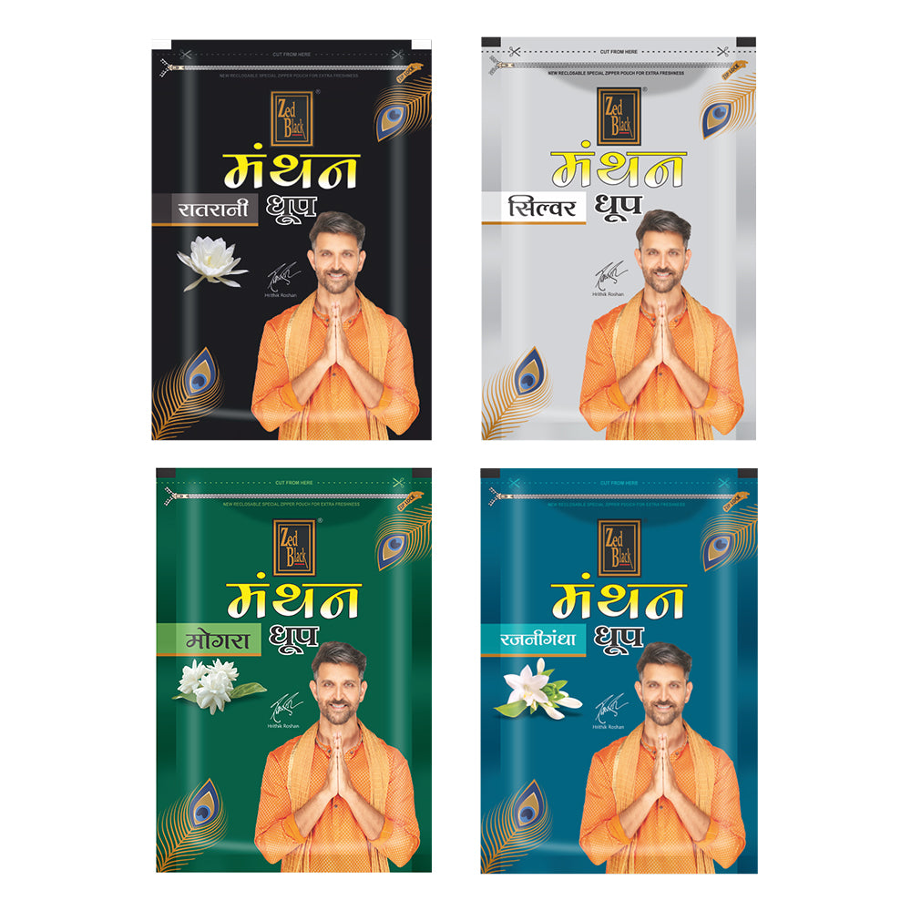 Zed Black Manthan Dhoop Big Cones in Family Zipper Packing Incense Dhoop Cones 4 Fragrance - Dhoop Ratrani,Silver ,Mogra,Rajnigandha | Combo Assorted Dhoop - Pack of 4