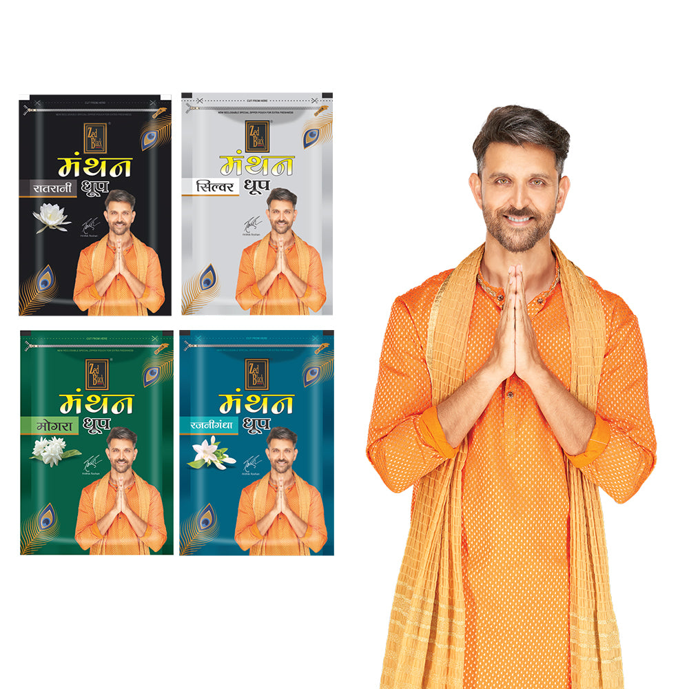 Zed Black Manthan Dhoop Big Cones in Family Zipper Packing Incense Dhoop Cones 4 Fragrance - Dhoop Ratrani,Silver ,Mogra,Rajnigandha | Combo Assorted Dhoop - Pack of 4