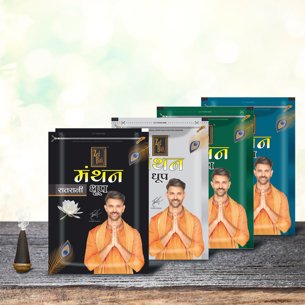 Zed Black Manthan Dhoop Big Cones in Family Zipper Packing Incense Dhoop Cones 4 Fragrance - Dhoop Ratrani,Silver ,Mogra,Rajnigandha | Combo Assorted Dhoop - Pack of 4