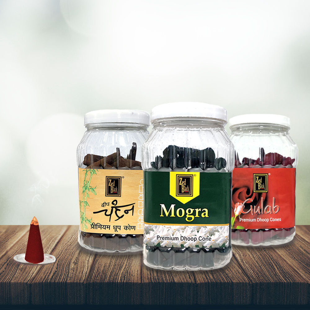 Zed Black Dhoop Big Cones in Jar Packing Incense Dhoop Cones – 3 Fragrances (- Mogra, Chandan & Gulab) | Combo Assorted Dhoop, 3x80 Cones