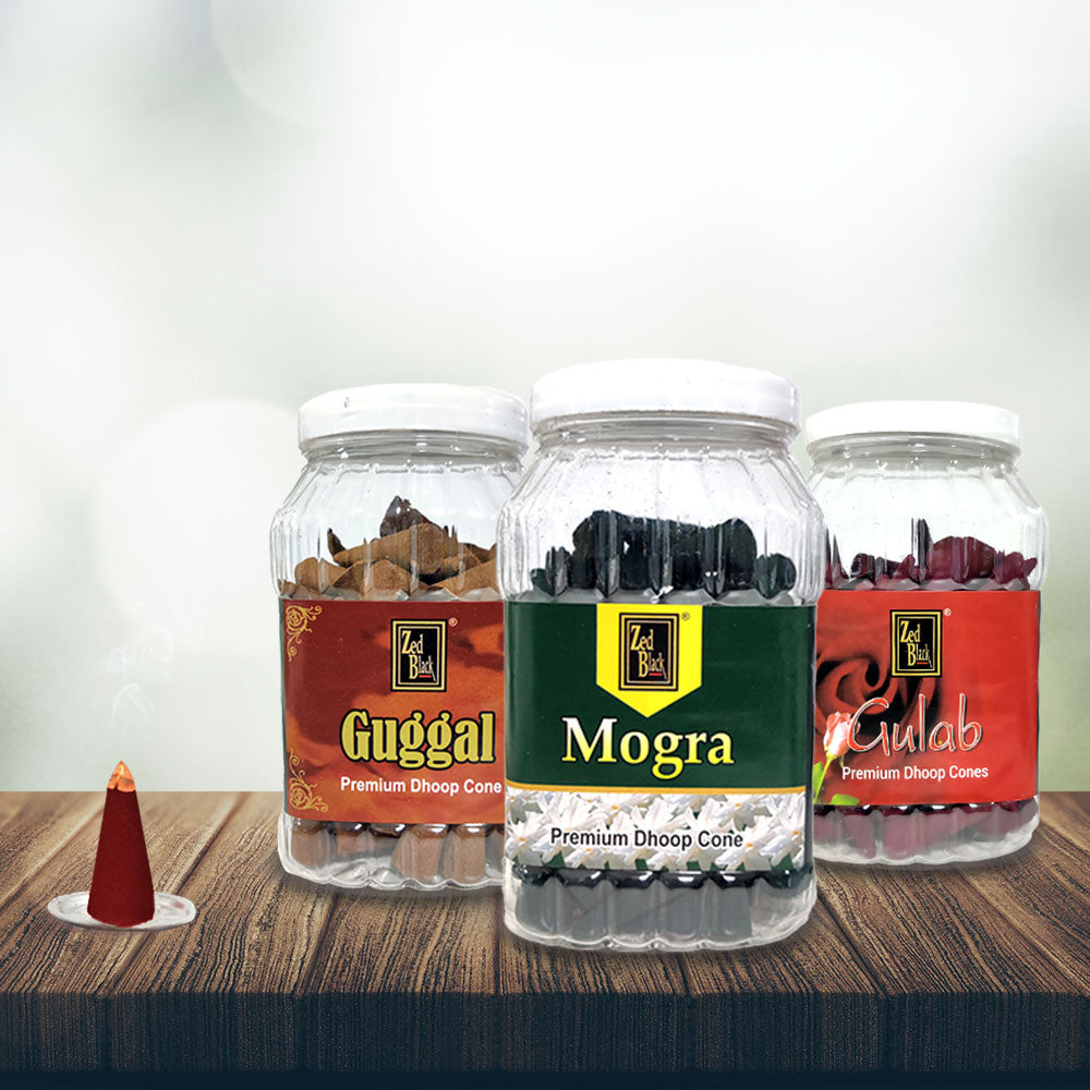 Zed Black Dhoop Big Cones in Jar Packing Incense Dhoop Cones – 3 Fragrances (- Mogra, Gulab & Guggal) | Combo Assorted Dhoop, 3x80 Cones