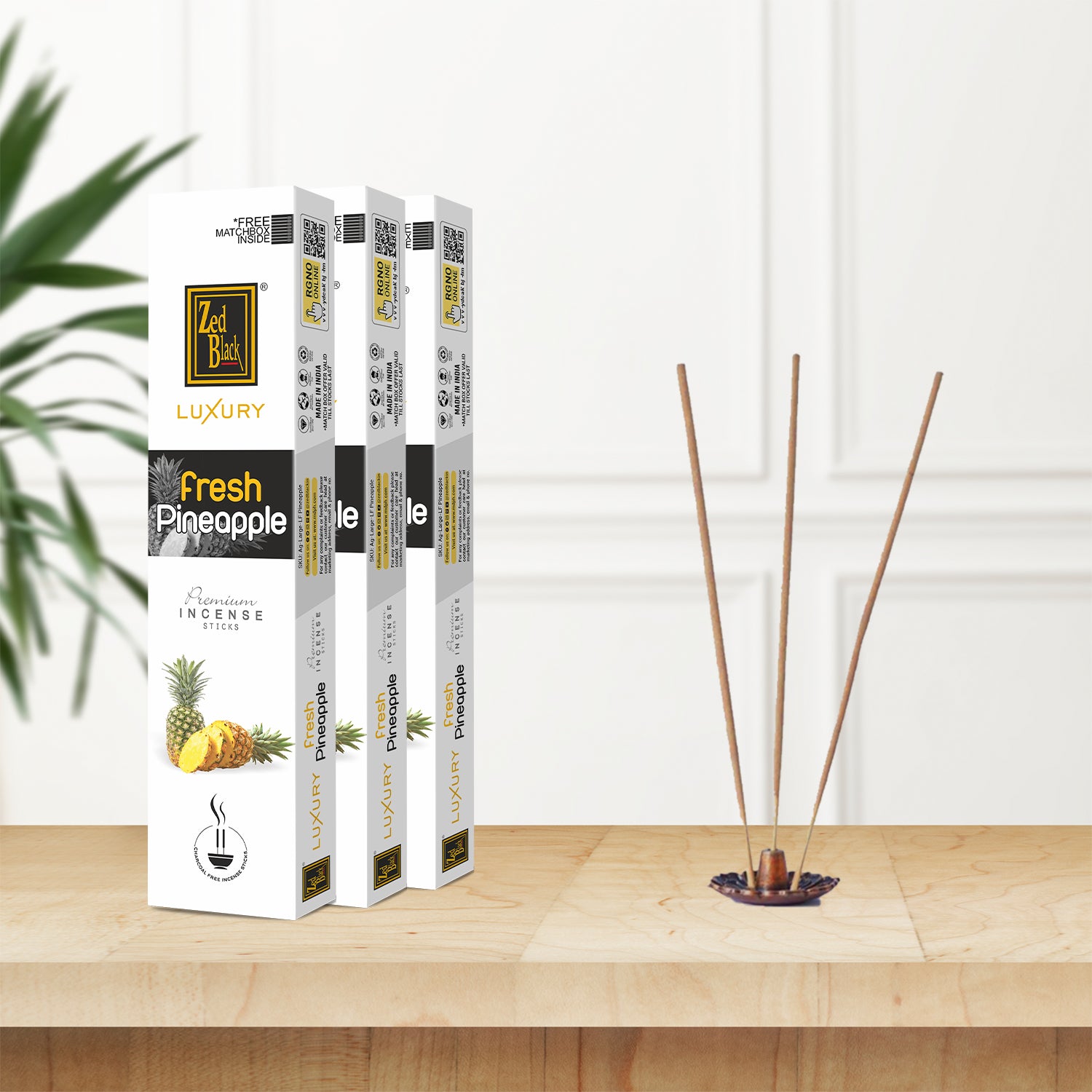 Zed Black Luxury Fresh Pineapple Premium Incense Sticks Pack of 3 Agarbatti Stick Natural Fragrance for Puja, Meditation, Refreshing Ambience - Free 1 N Matchbox Inside