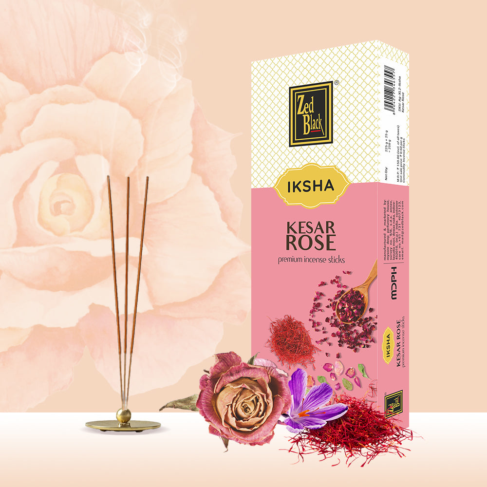 Zed Black Iksha Kesar Rose Incense Sticks Pack of 1 Agarbatti Stick Natural Fragrance for Puja, Meditation, Refreshing Ambience