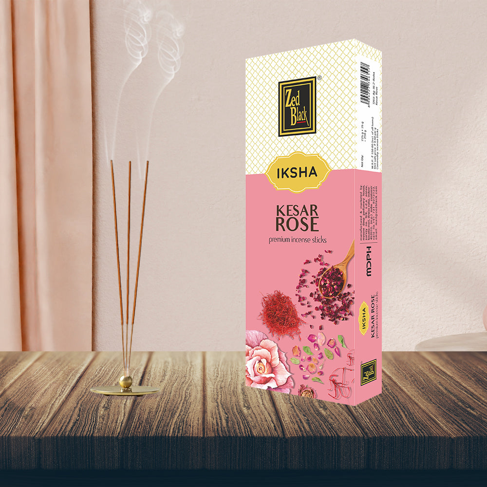 Zed Black Iksha Kesar Rose Incense Sticks Pack of 1 Agarbatti Stick Natural Fragrance for Puja, Meditation, Refreshing Ambience