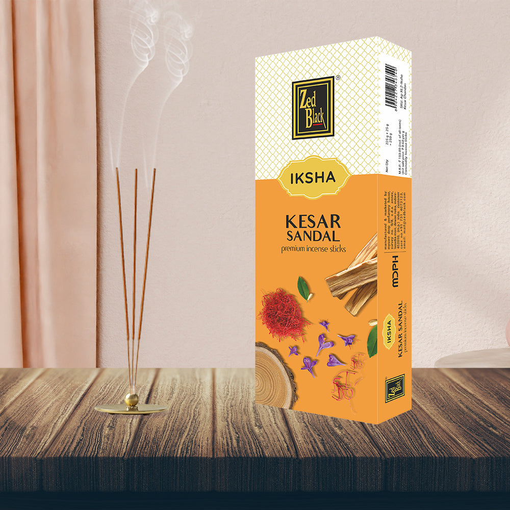 Zed Black Iksha Kesar Sandal Incense Sticks Pack of 1 Agarbatti Stick Natural Fragrance for Puja, Meditation, Refreshing Ambience