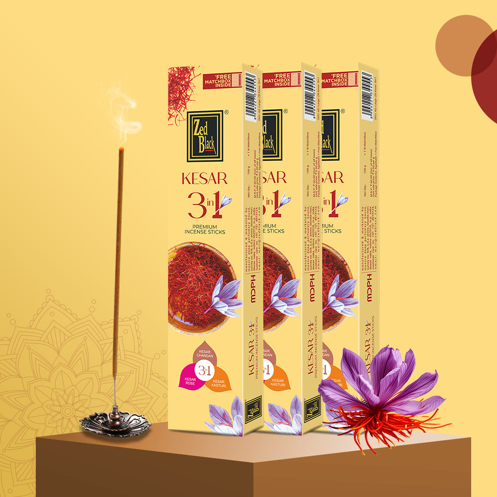 Zed Black Kesar 3 in 1 Incense Sticks Pack of 3 Agarbatti Stick Natural Fragrance for Puja, Meditation, Refreshing Ambience - Free 1 N Matchbox Inside