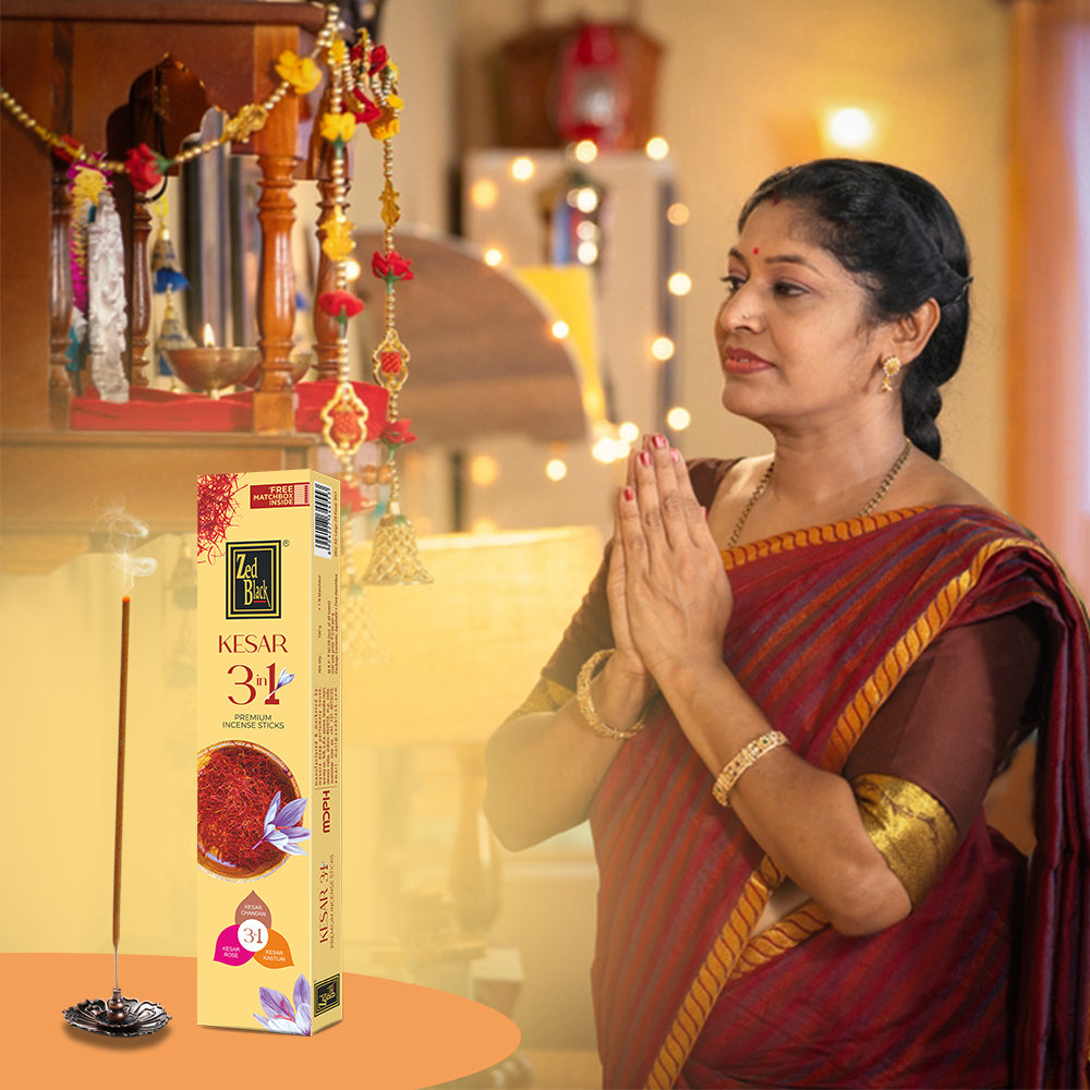 Zed Black Kesar 3 in 1 Incense Sticks Pack of 3 Agarbatti Stick Natural Fragrance for Puja, Meditation, Refreshing Ambience - Free 1 N Matchbox Inside