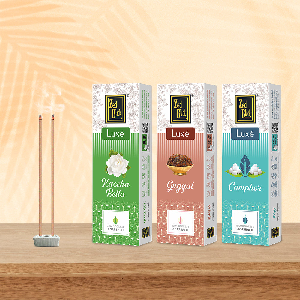 Zed Black Zed Black Luxe Kachha Bella ,Camphor ,Guggal Bambooless Incense Pack of 3 Agarbatti Natural Fragrance for Puja, Meditation, Refreshing Ambience