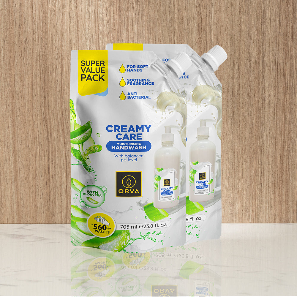Orva refill pouch Hand Wash 705 Ml Germ Fighter Protection &Soft Liquid Handwash, Protects from 99.9% Germs, 90% Natural Origin – Pack of 2 (Creamy care )