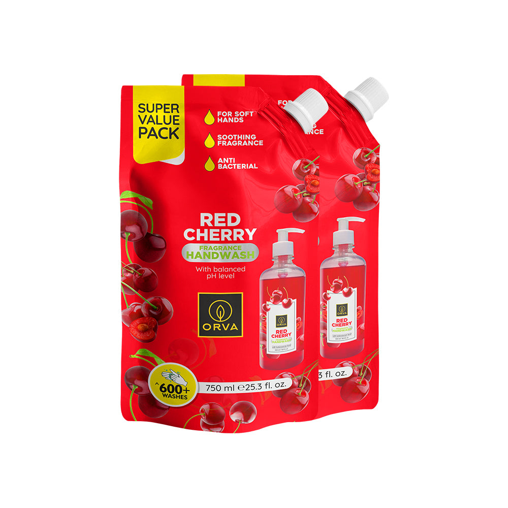 Orva refill pouch Hand Wash 750 Ml Germ Fighter Protection &Soft Liquid Handwash, Protects from 99.9% Germs, 90% Natural Origin – Pack of 2 (Red Cherry)