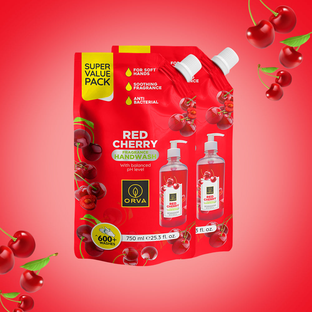 Orva refill pouch Hand Wash 750 Ml Germ Fighter Protection &Soft Liquid Handwash, Protects from 99.9% Germs, 90% Natural Origin – Pack of 2 (Red Cherry)