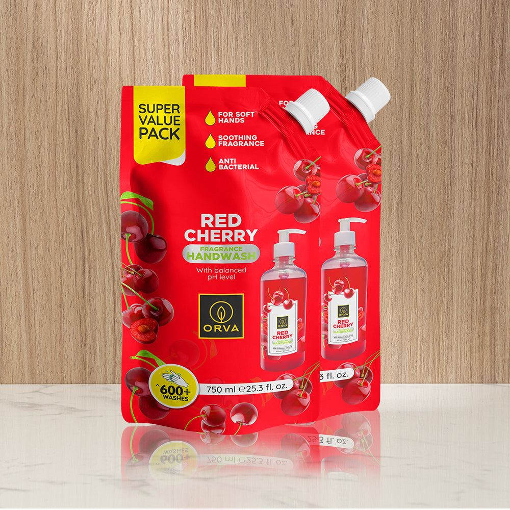 Orva refill pouch Hand Wash 750 Ml Germ Fighter Protection &Soft Liquid Handwash, Protects from 99.9% Germs, 90% Natural Origin – Pack of 2 (Red Cherry)