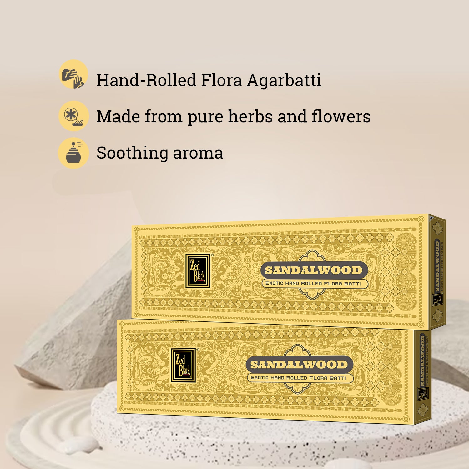 Zed Black Sandalwood Hand-Rolled Flora Batti - Pack of 1 Agarbatti / Incense Batti, Long-Lasting Incense Sticks for Special Puja Experience, Festivals, Occasions, Ideal for Gifting GoodVibes Pack ( Approx 70 Agarbatti Sticks | Handrolled