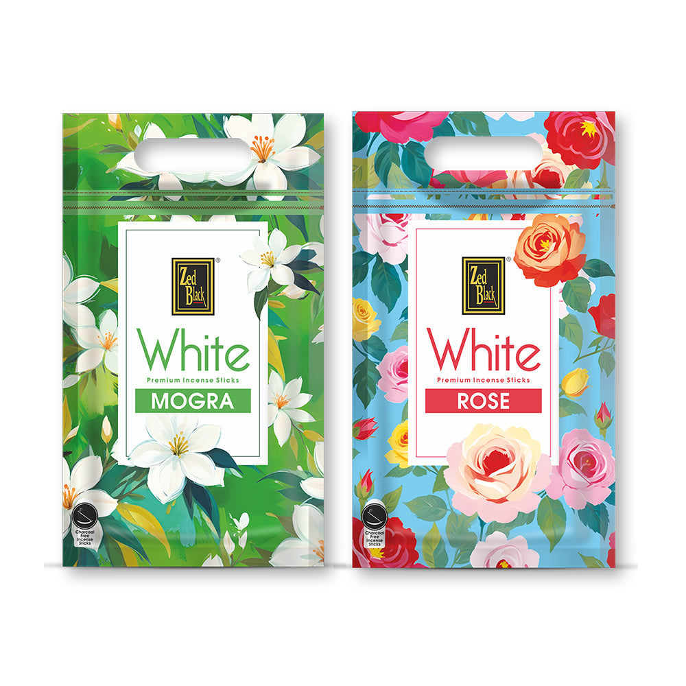 Zed Black Zed Black White Premium Incense Sticks Mogra and Rose Pack of 2 Agarbatti Stick Natural Fragrance for Puja, Meditation, Refreshing Ambience