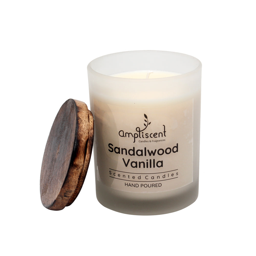 Ampliscent Exotic Candles Collection- Sandalwood Vanilla (White Frosted Glass)