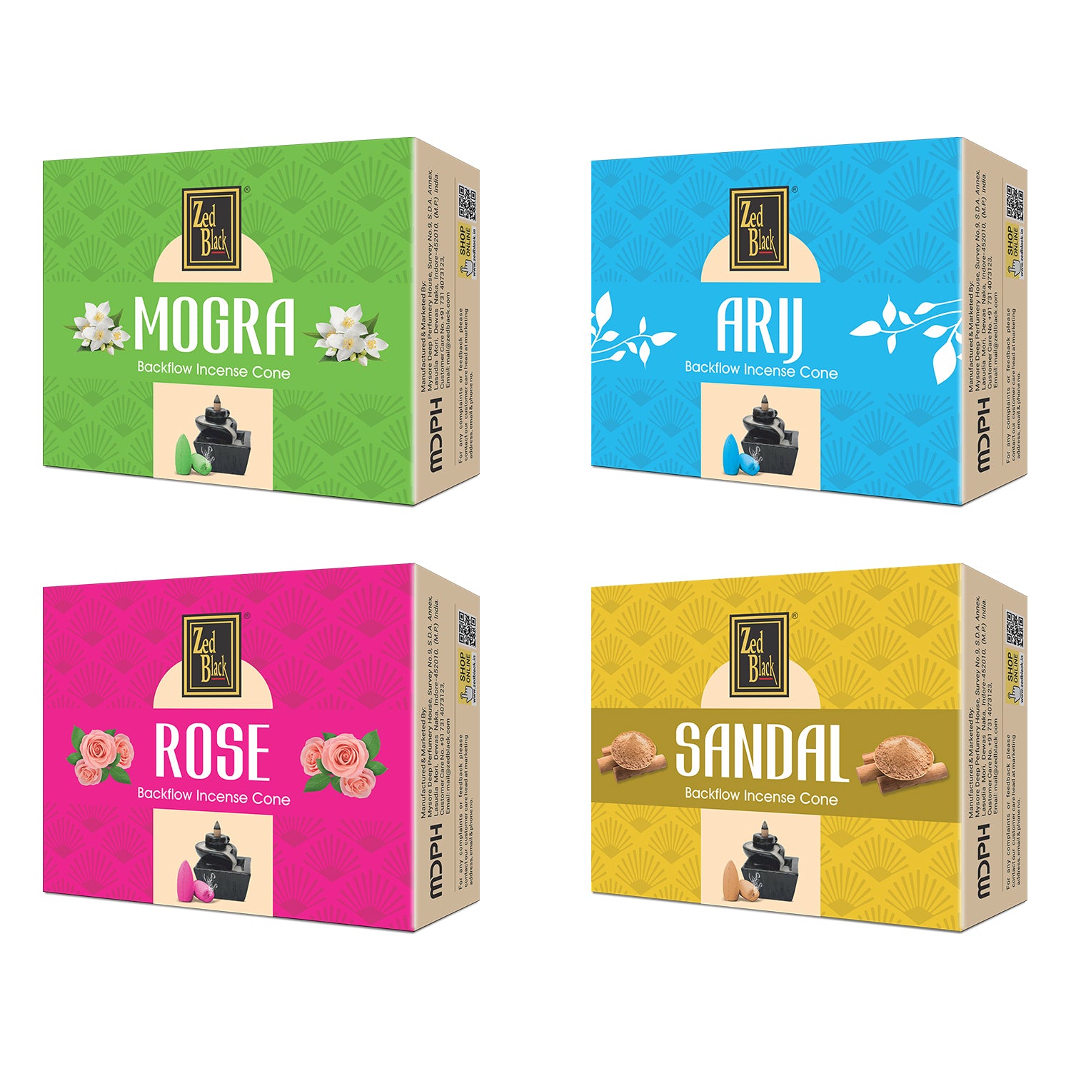 Zed Black Backflow Cone - Sandal, Arij, Mogra, & Rose Combo – Pack of 4