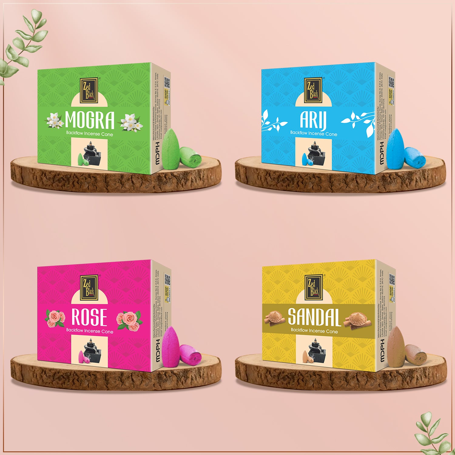 Zed Black Backflow Cone - Sandal, Arij, Mogra, & Rose Combo – Pack of 4