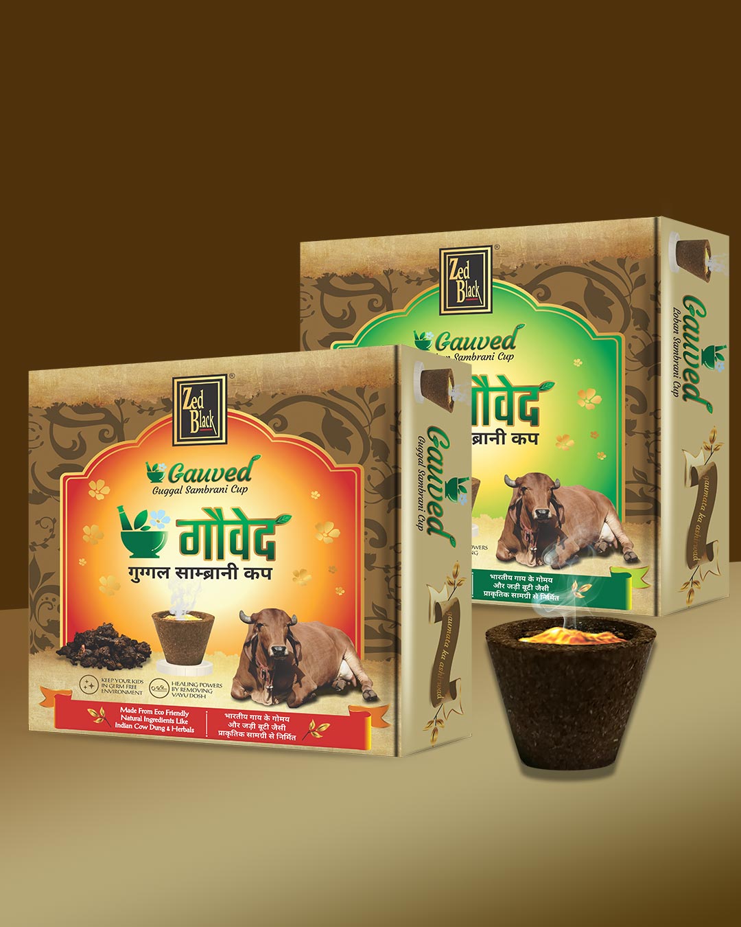 Gauved Sambrani Cup Combo of 2 Pack - Guggal & Loabn - Made with Cow Dung- Pack of 2 U